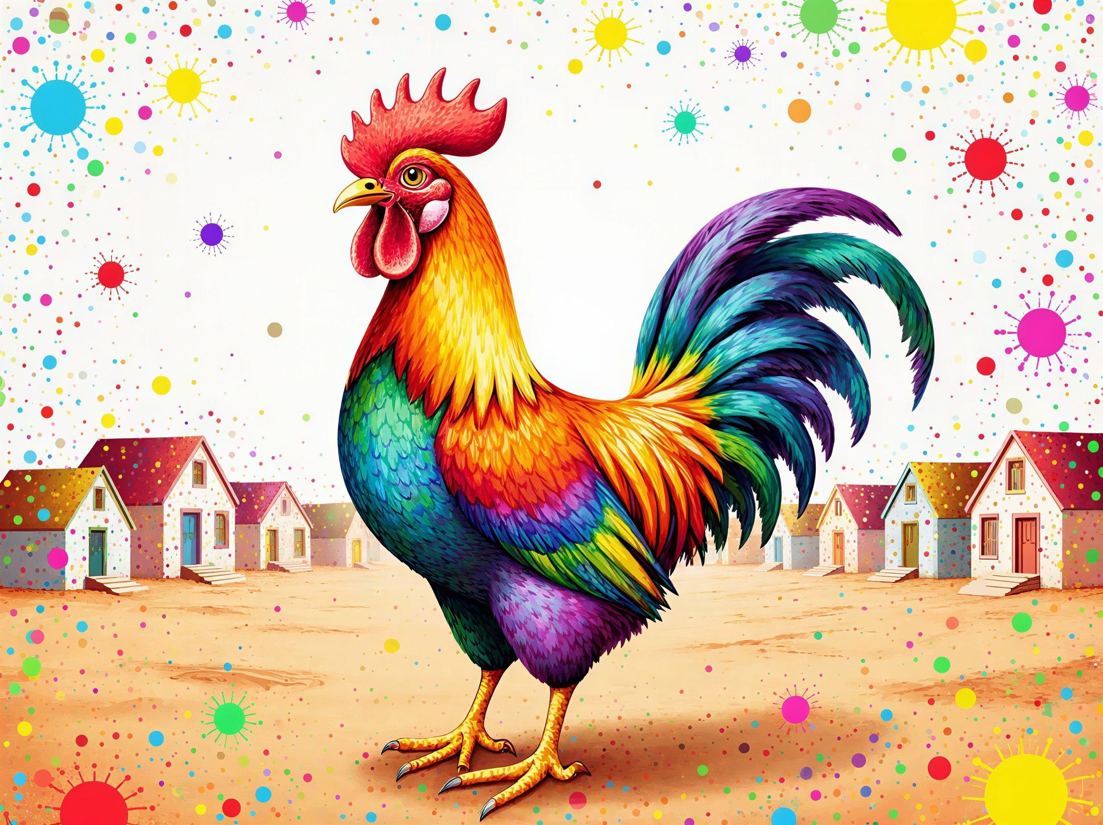 Colorful Rooster in Vibrant Village Scene