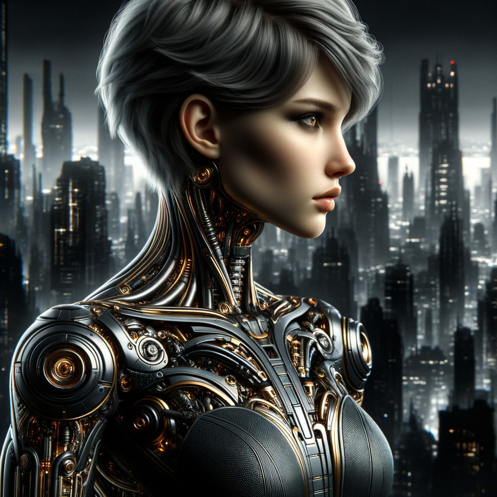 Futuristic Cyborg Female in High-Tech Cityscape