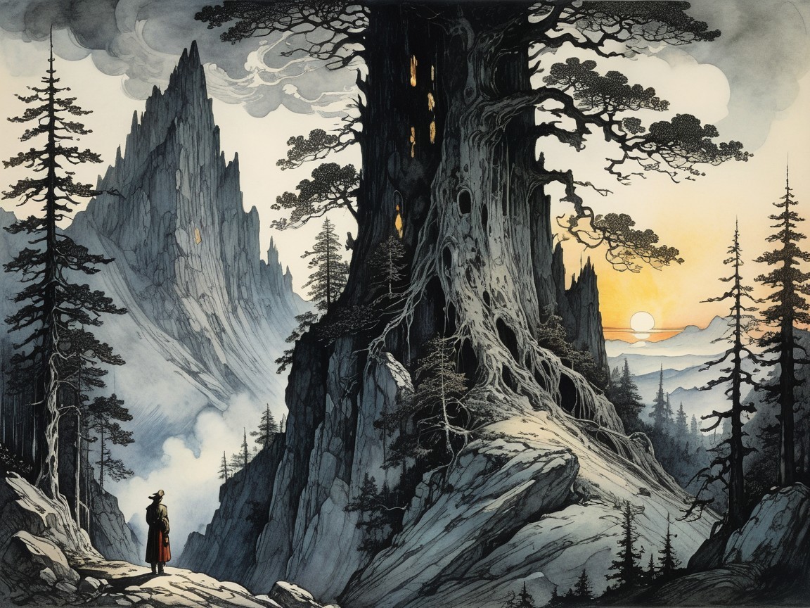 Lone Figure on Rocky Path with Misty Mountain View