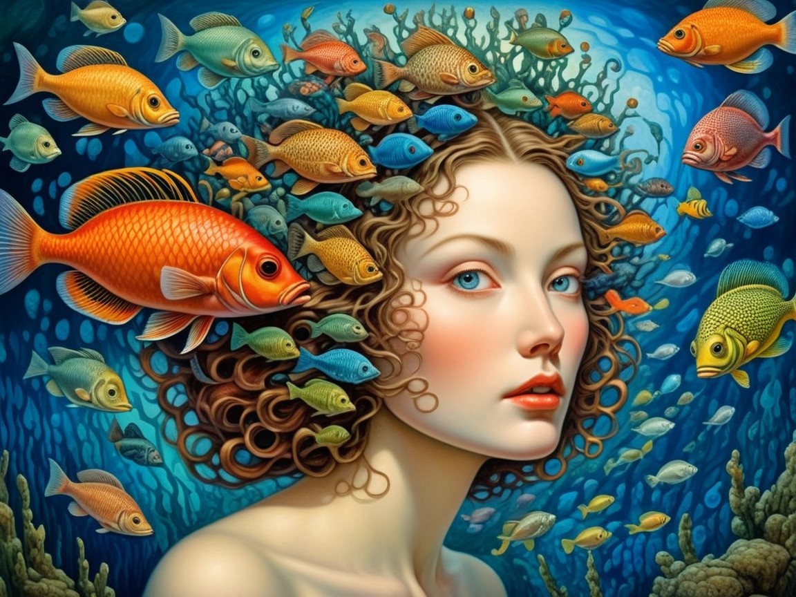 Surreal Underwater Scene with Woman and Colorful Fish