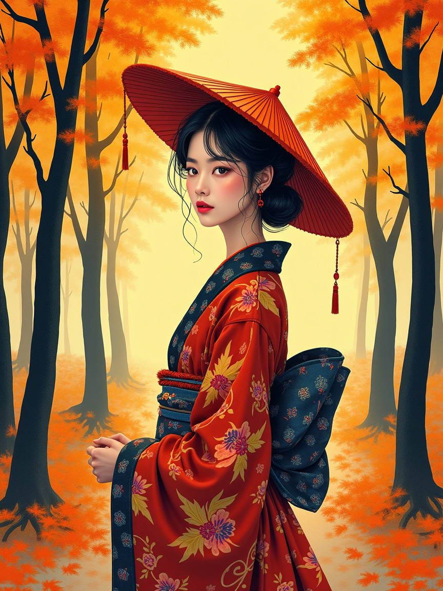 Young Woman in Red Kimono in Autumn Forest