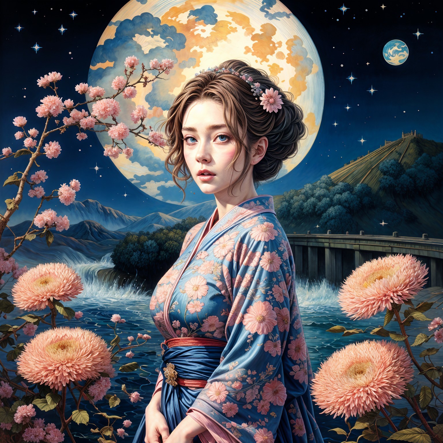 Serene Woman in Blue Kimono Under Night Sky