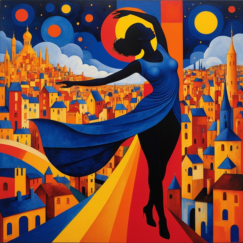 Colorful Painting of Dancing Woman in Cityscape