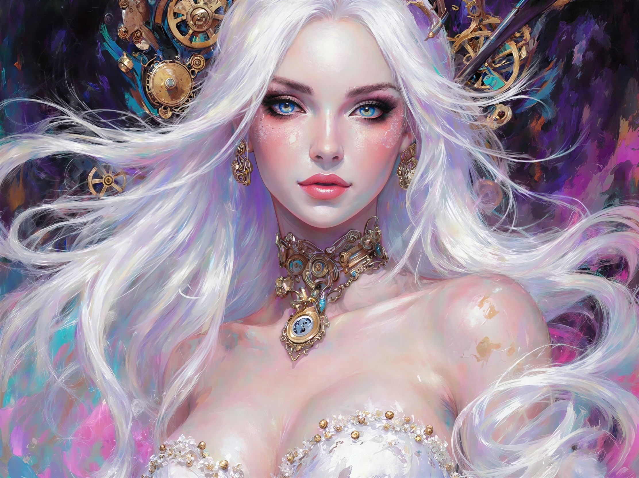 Hyper-realistic oil painting of a whimsical female portrait