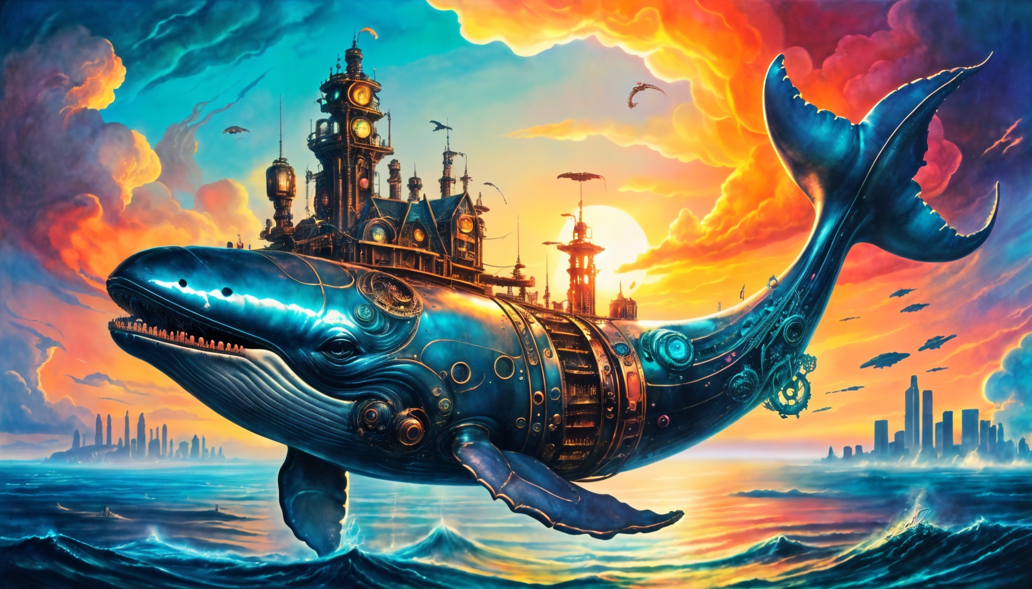 Steampunk Whale with Cityscape in Vibrant Ocean