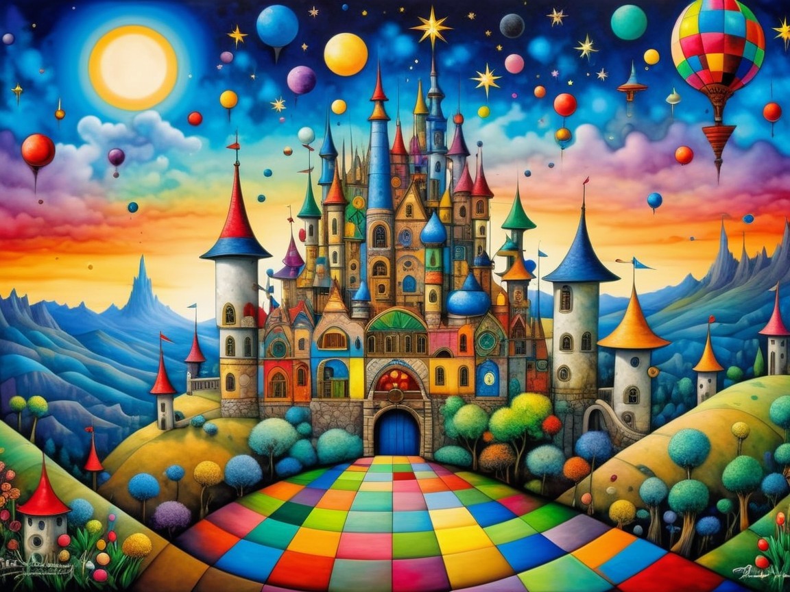 Vibrant Fairy-Tale Castle with Colorful Hot Air Balloons