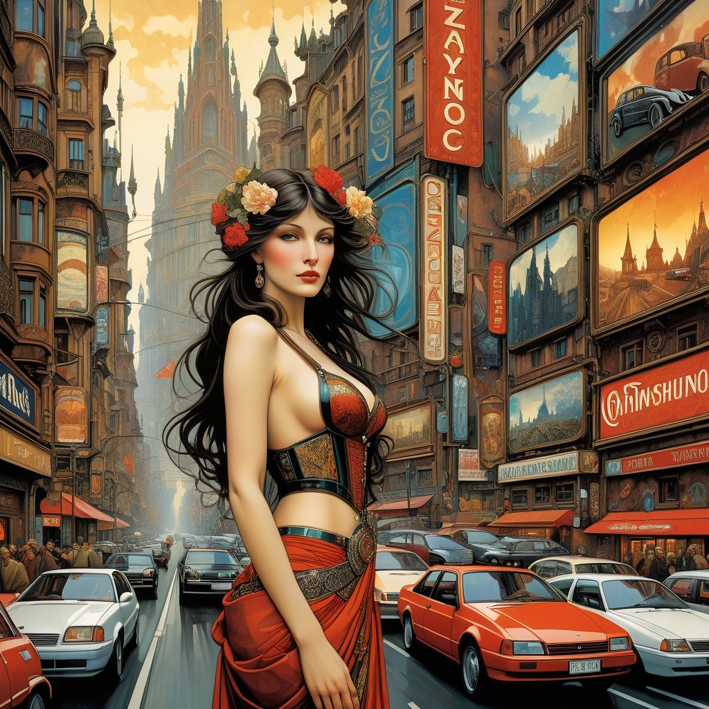 Confident Woman in Colorful Cityscape with Flowers