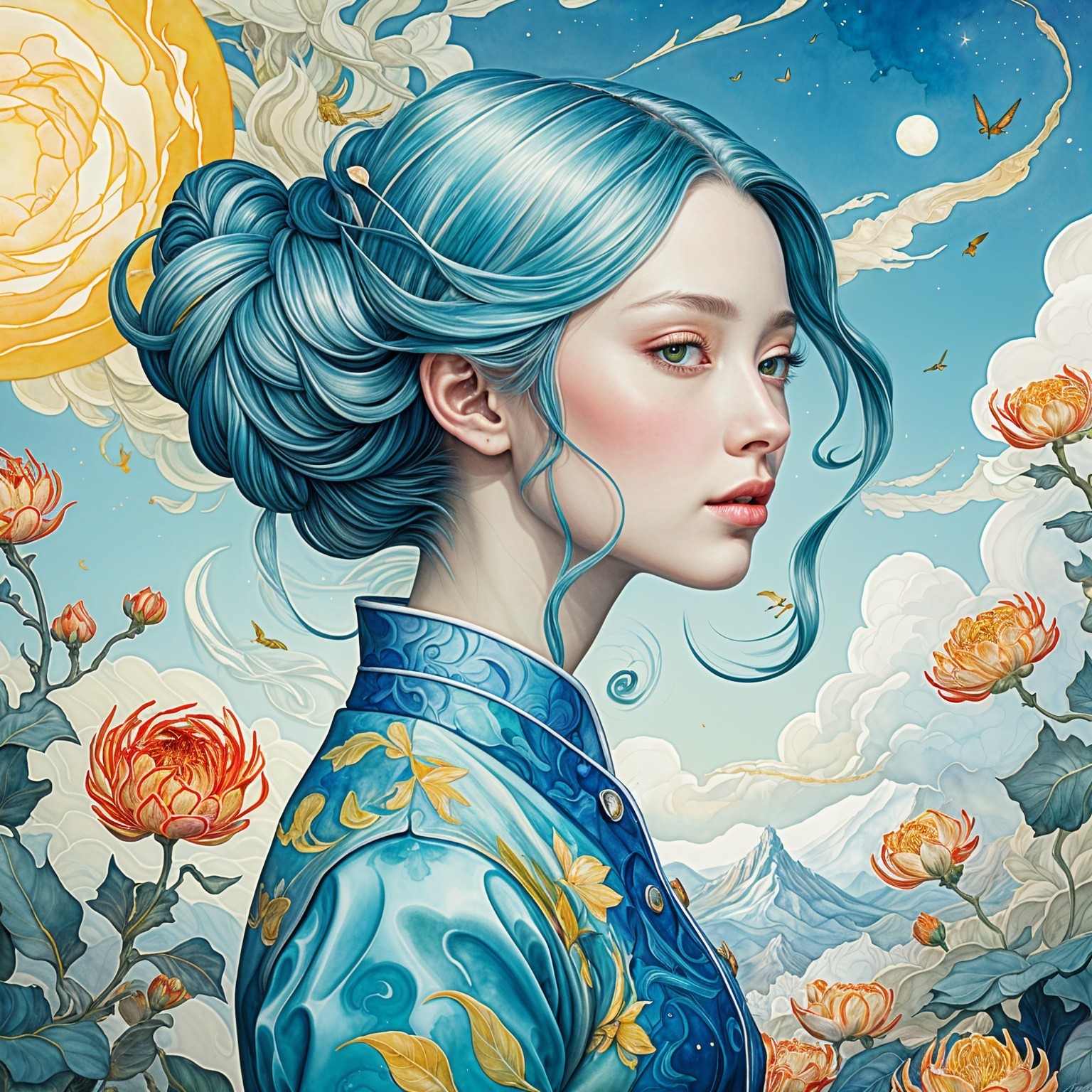 Profile of a Young Woman with Blue Hair and Floral Garment