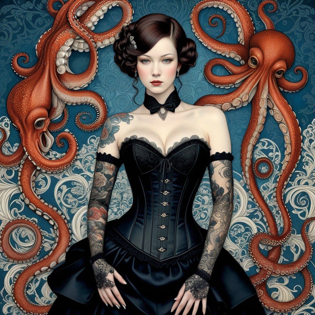 Woman in Corset Surrounded by Swirling Octopuses