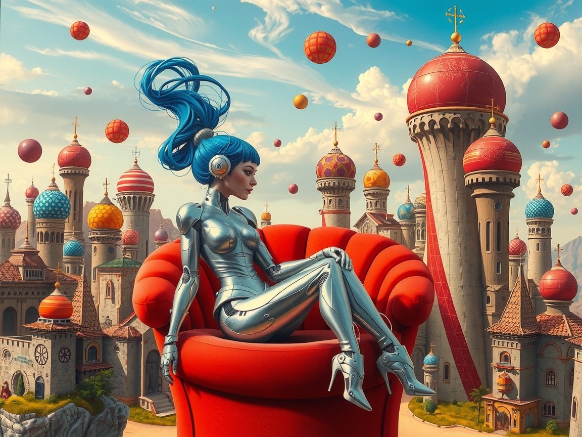 Surreal Landscape with Robot Girl in Red Armchair