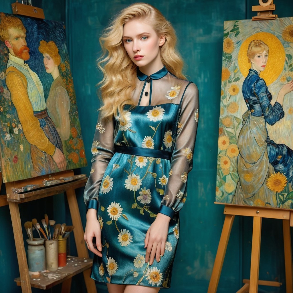 Young Woman in Teal Dress with Artistic Backdrop
