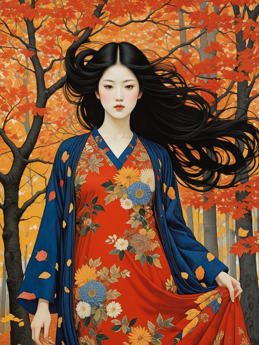 Young Woman in Kimono Surrounded by Autumn Foliage
