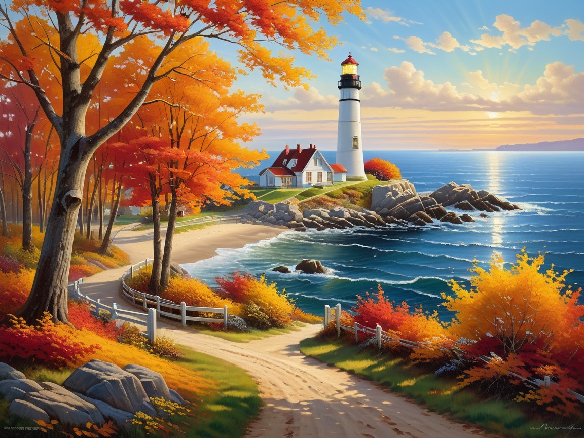 Autumn Coastal Landscape with Vibrant Lighthouse