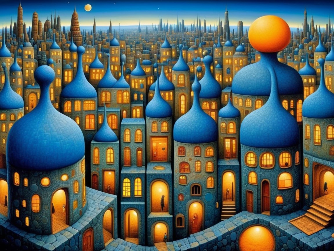 Whimsical Skyline with Dome-Topped Buildings at Twilight