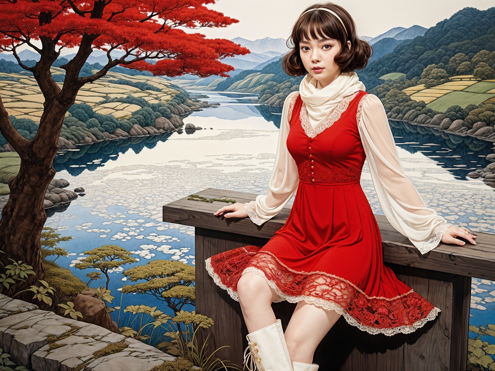 Young Woman in Red Dress by Serene Riverbank