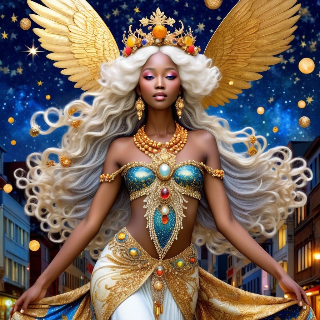 Majestic figure with golden wings and jewel-encrusted outfit