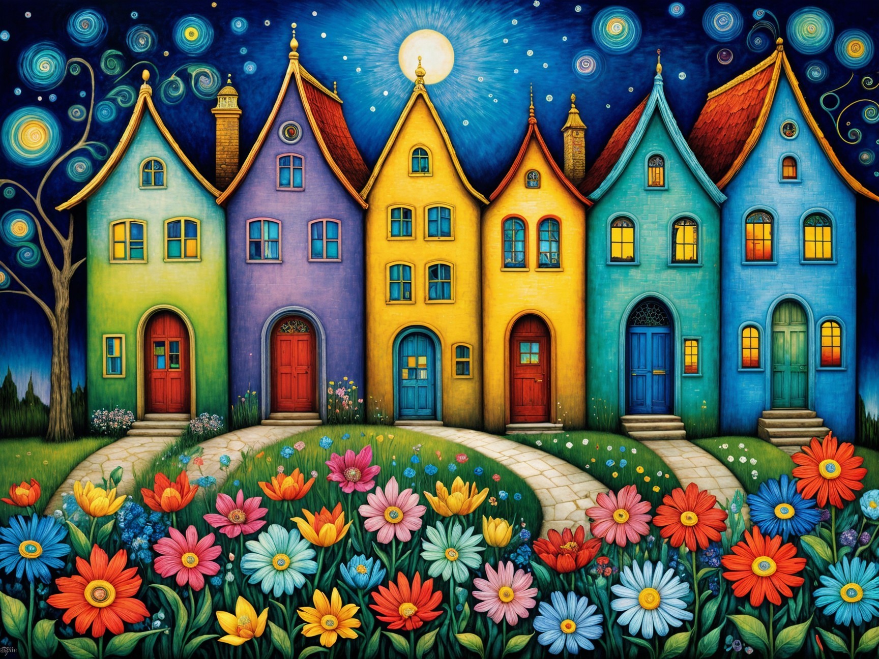 Whimsical Colorful Houses Under a Starry Night Sky