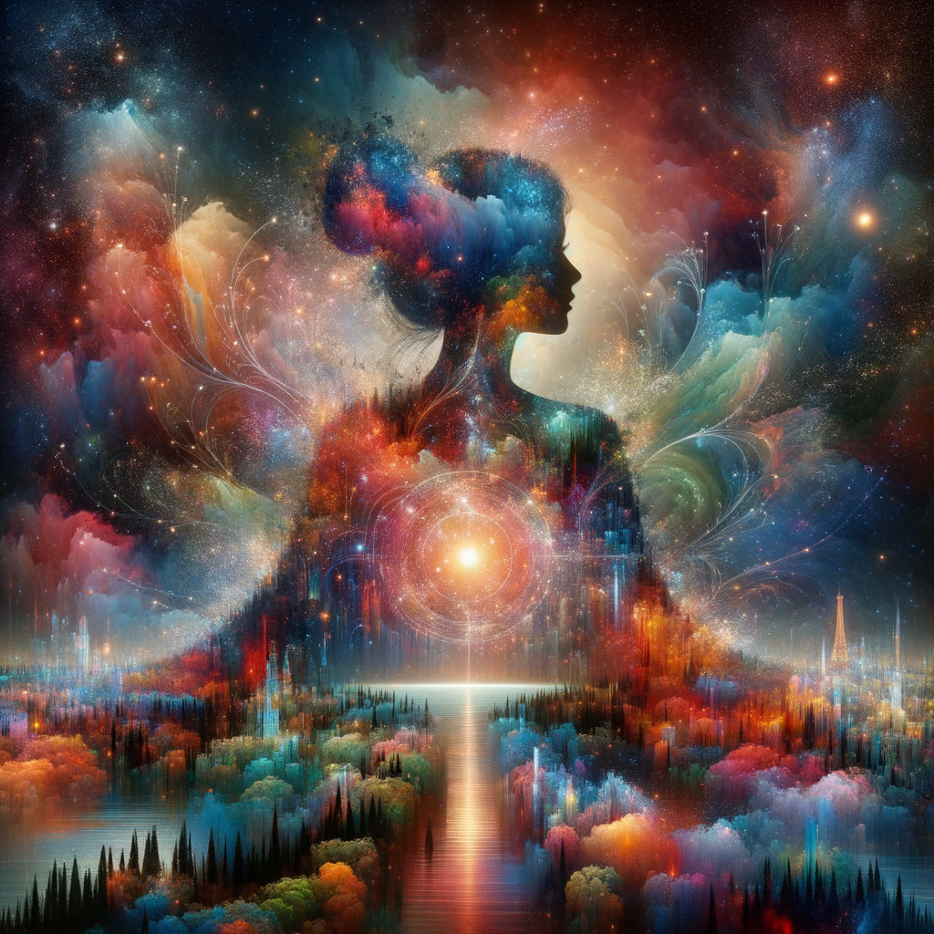 Cosmic Scene with Woman Silhouette and Colorful Clouds