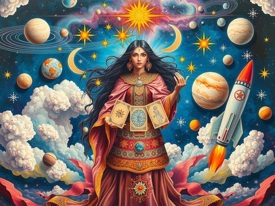 Mystical Woman in Cosmic Setting with Celestial Map