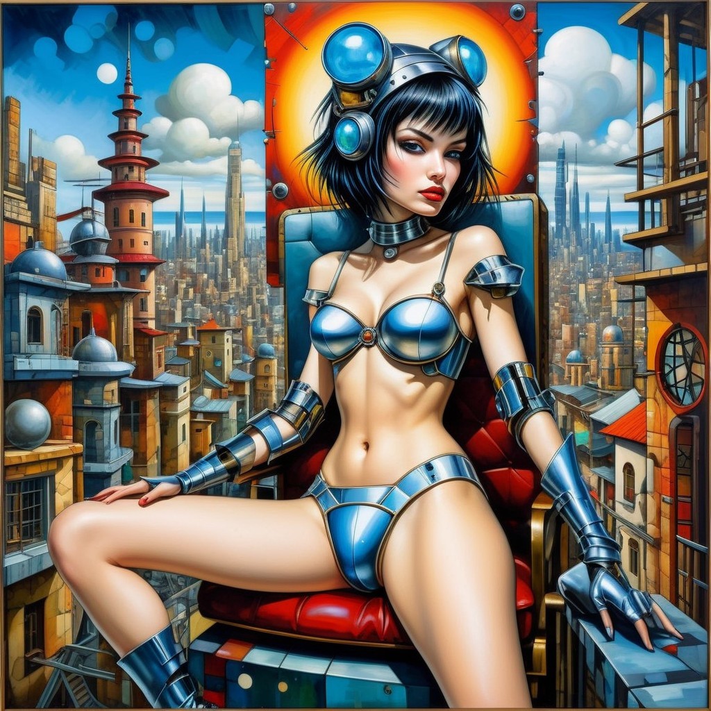 Futuristic Female Figure in Vibrant Cityscape Art