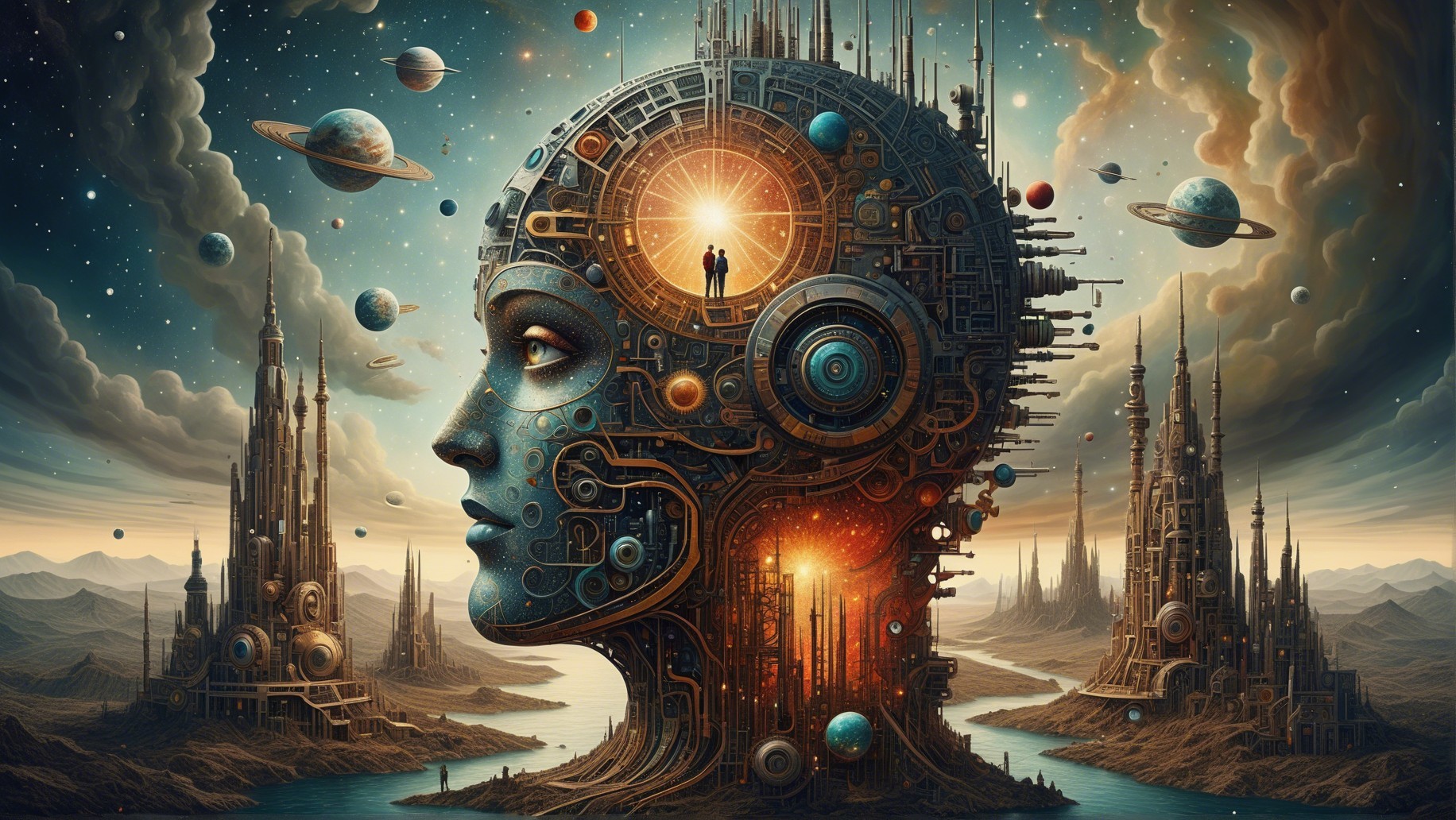 Colossal Robotic Woman's Head in a Fantastical Landscape