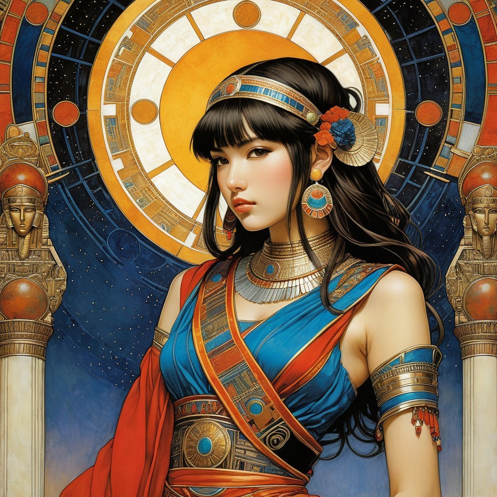 Portrait of a woman in vibrant ancient-inspired attire