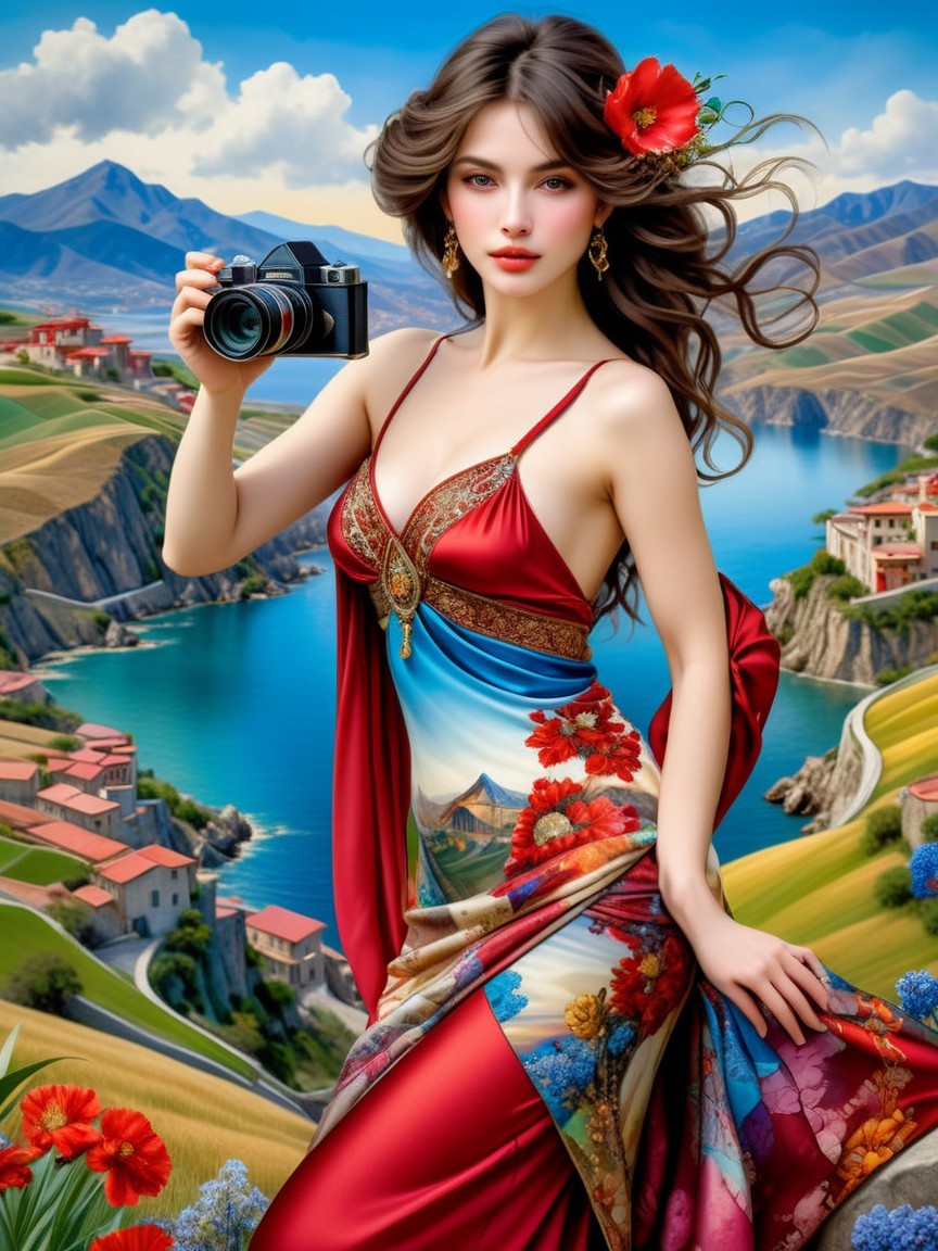 Elegant Woman in Red Gown by Serene Landscape