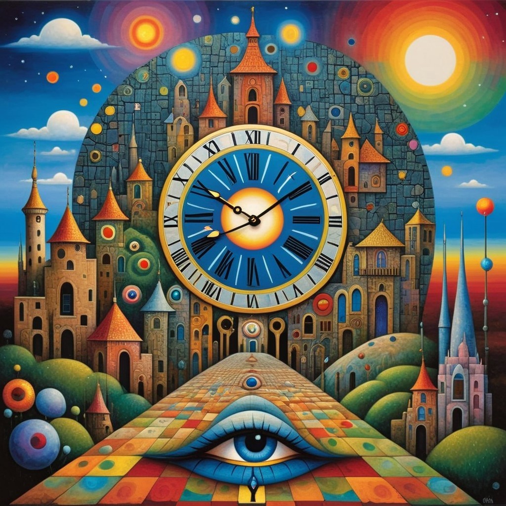 Surreal Landscape with Clock and Whimsical Elements