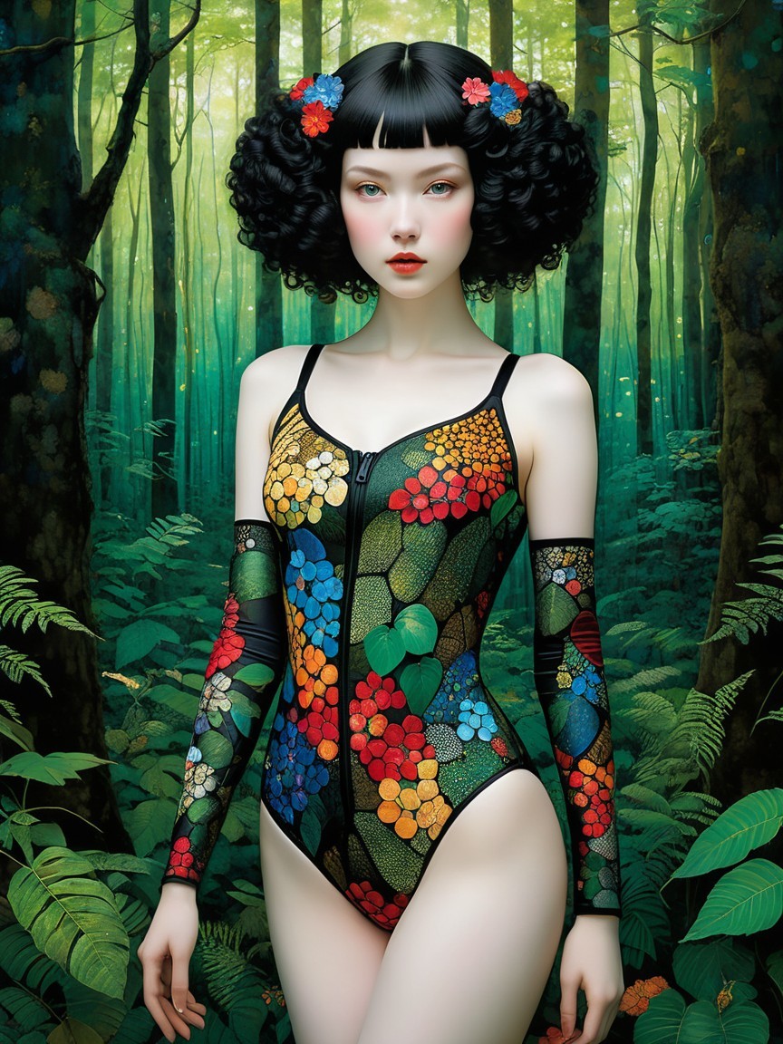 Model in Floral Bodysuit in Lush Green Forest