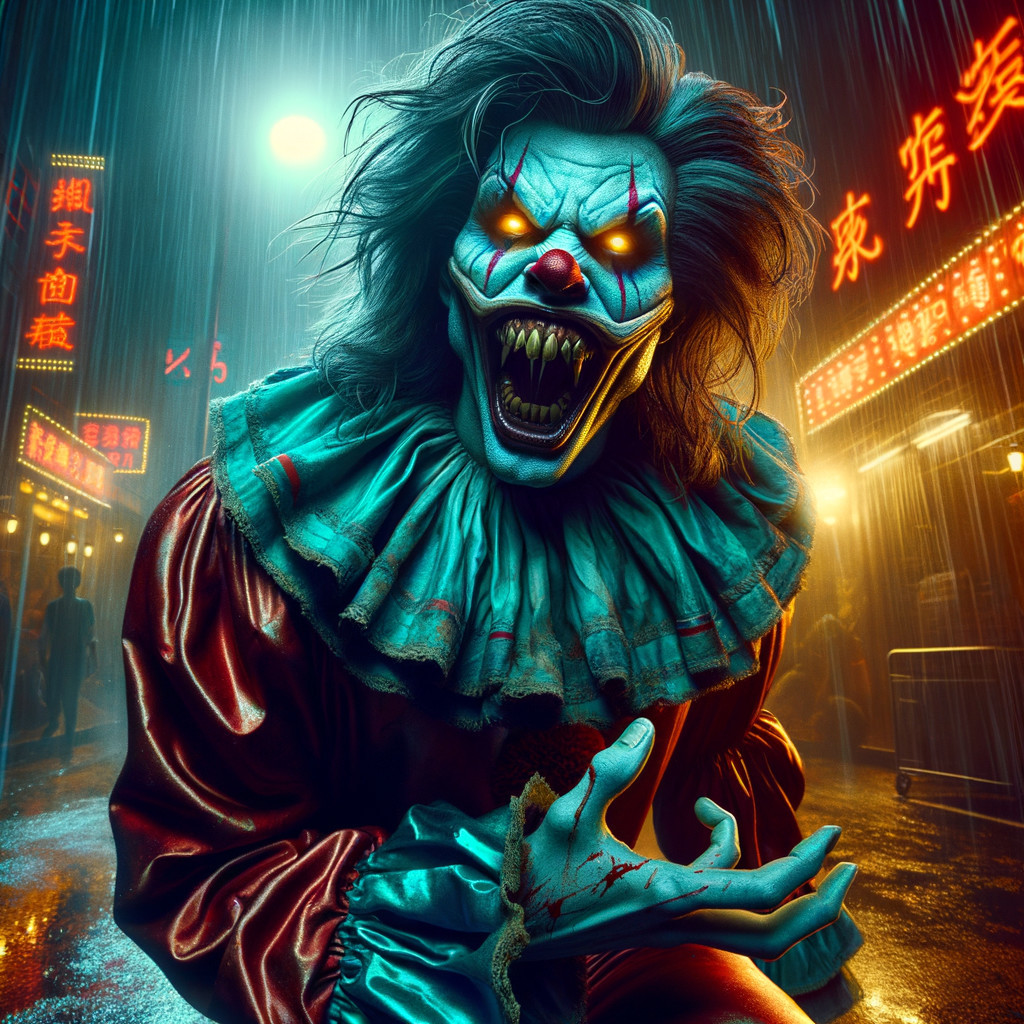 Menacing Clown in Neon-Lit Rainy Alley Scene