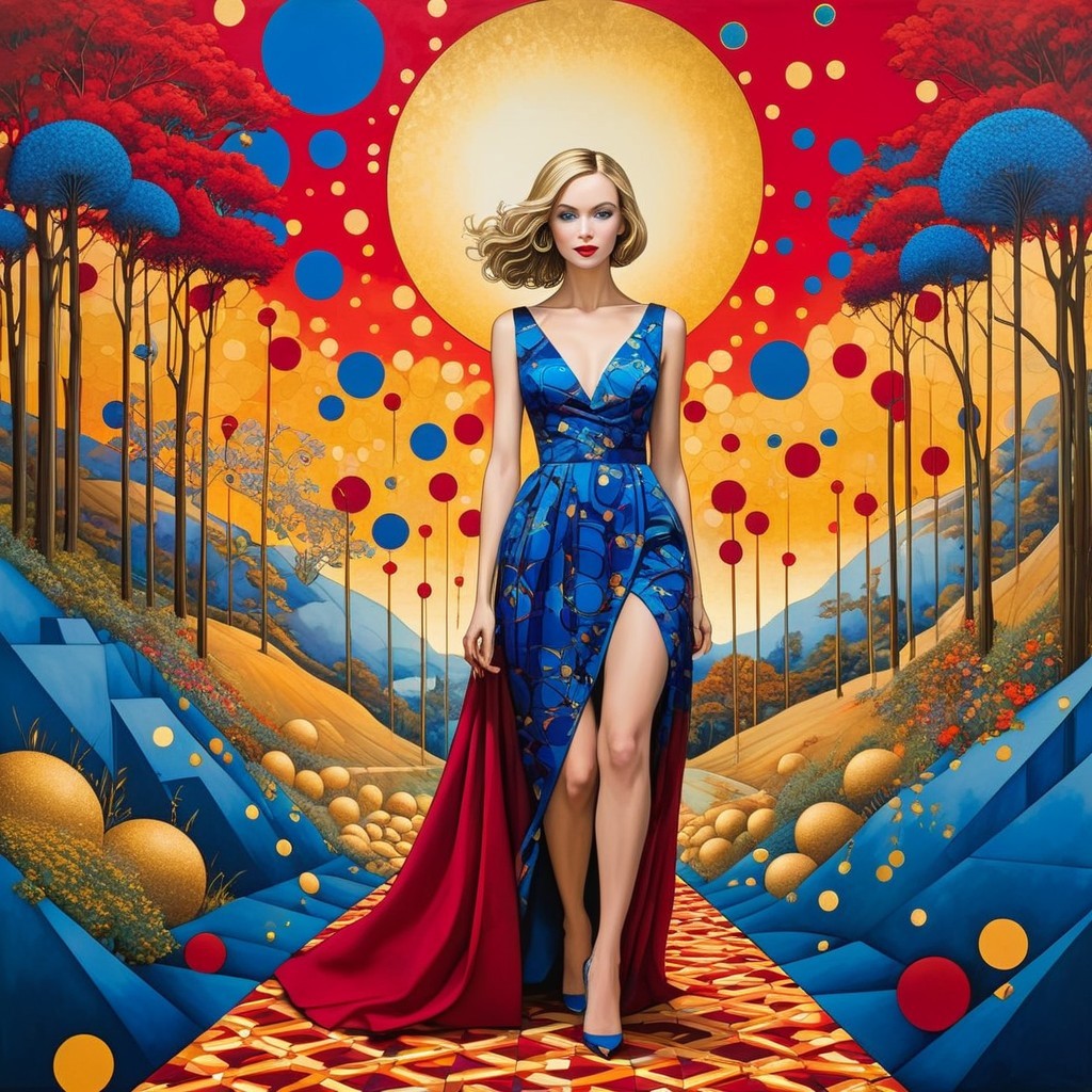 Vibrant Scene with Figure in Blue Dress and Red Cape