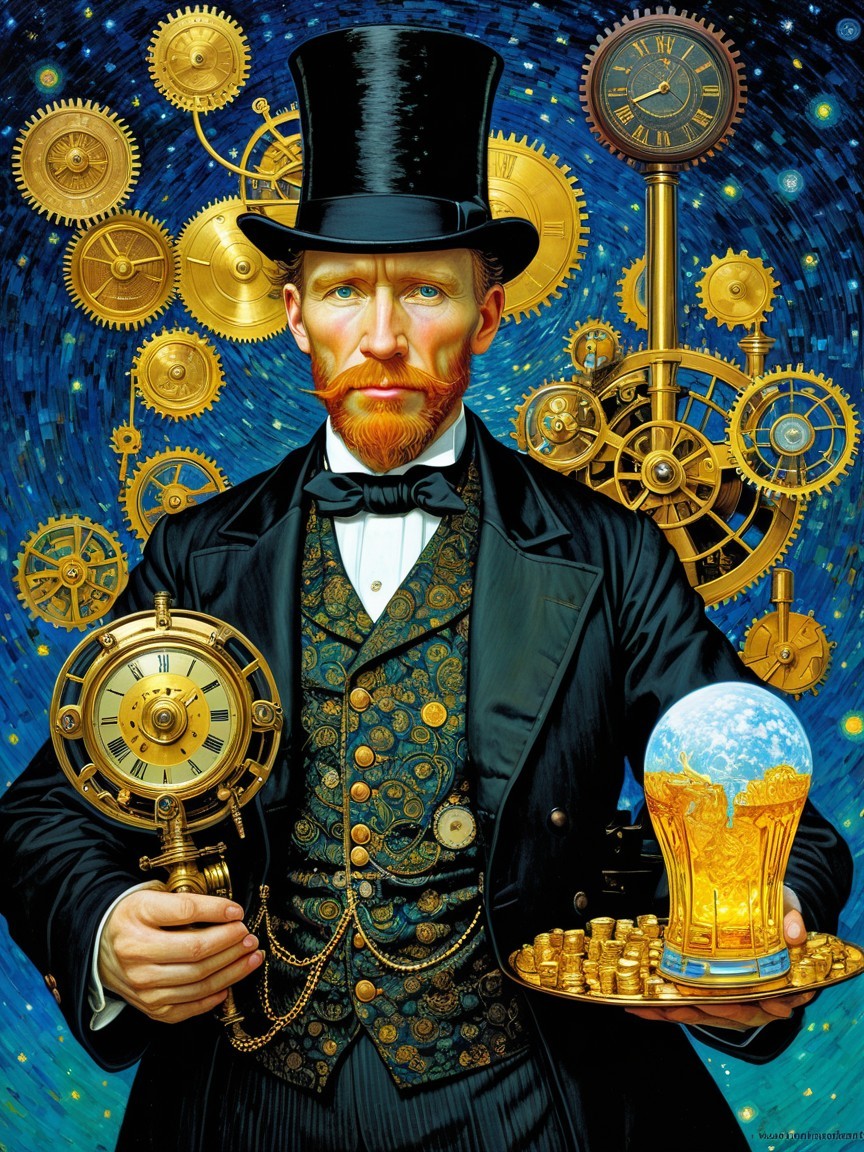 Steampunk Man with Red Beard and Clock Elements