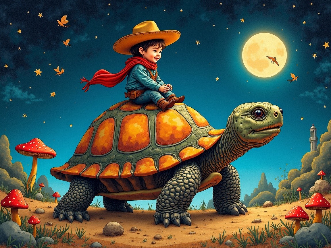 Boy in cowboy hat rides giant tortoise under stars
