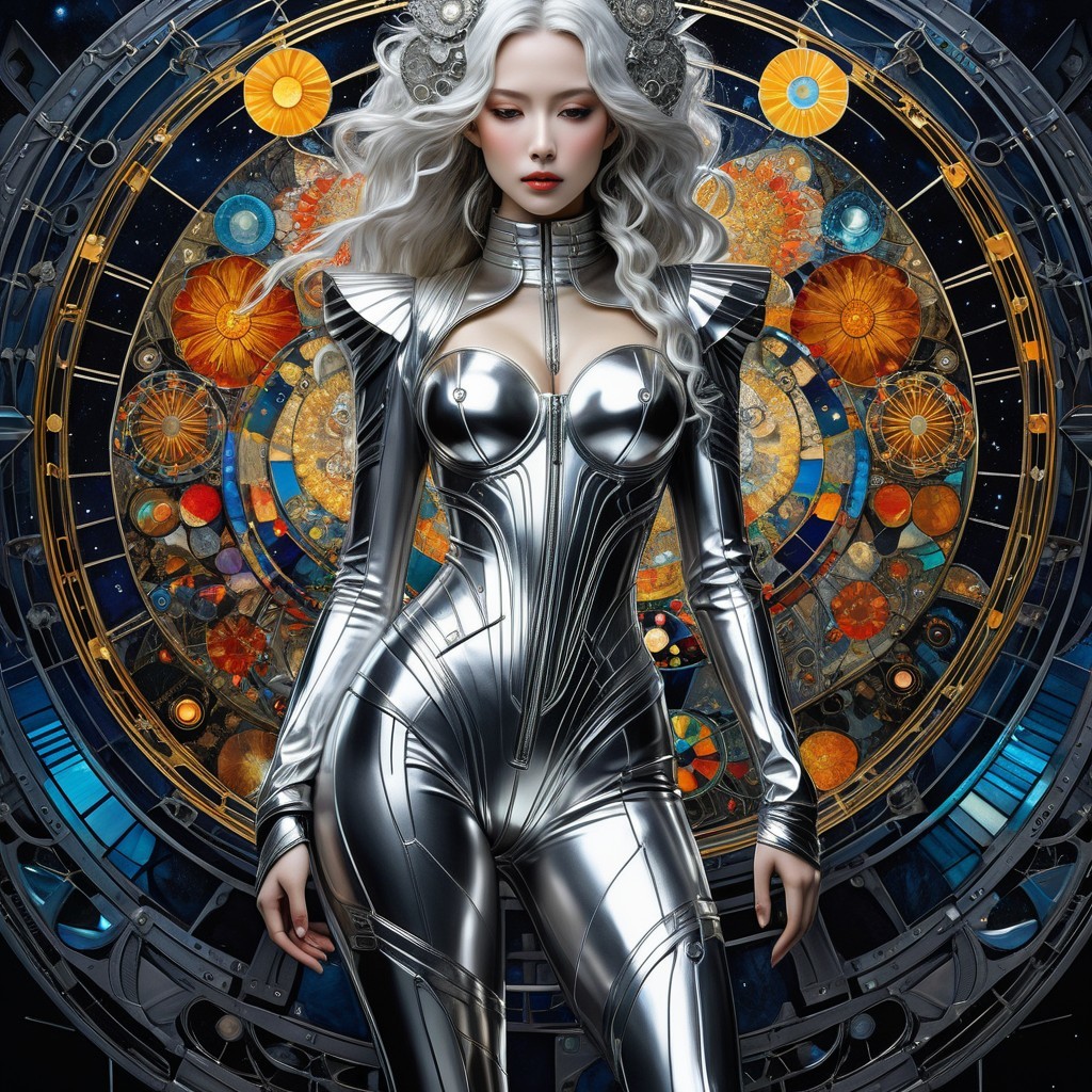 Futuristic figure in silver bodysuit with cosmic backdrop