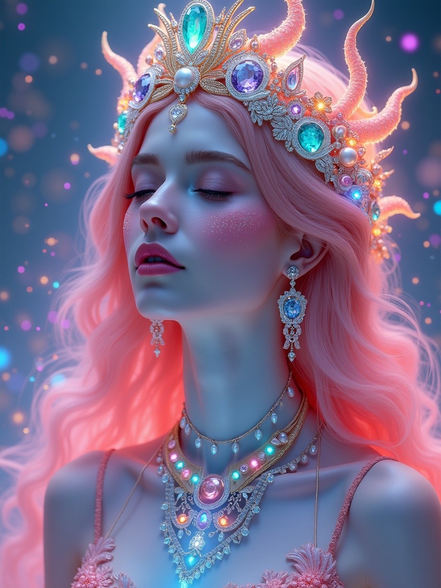 Ethereal figure with seashell crown and pink hair