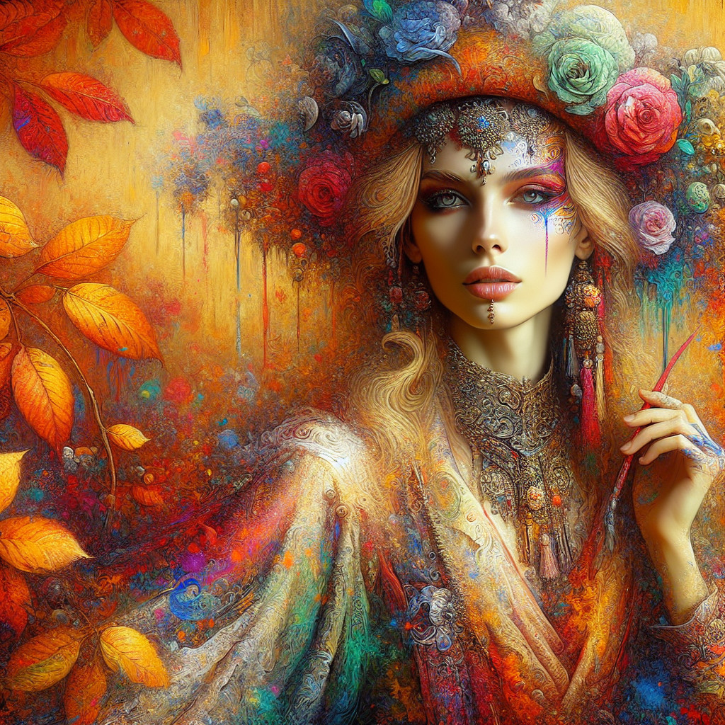 Portrait of a woman with floral headdress and jewelry