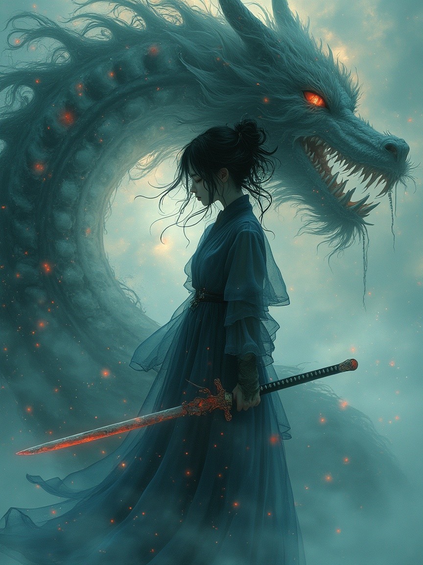 Warrior Woman with Dragon in Mystical Fantasy Scene