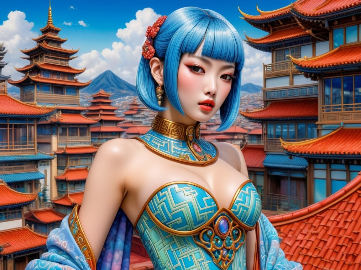 Striking figure in traditional Asian architecture setting