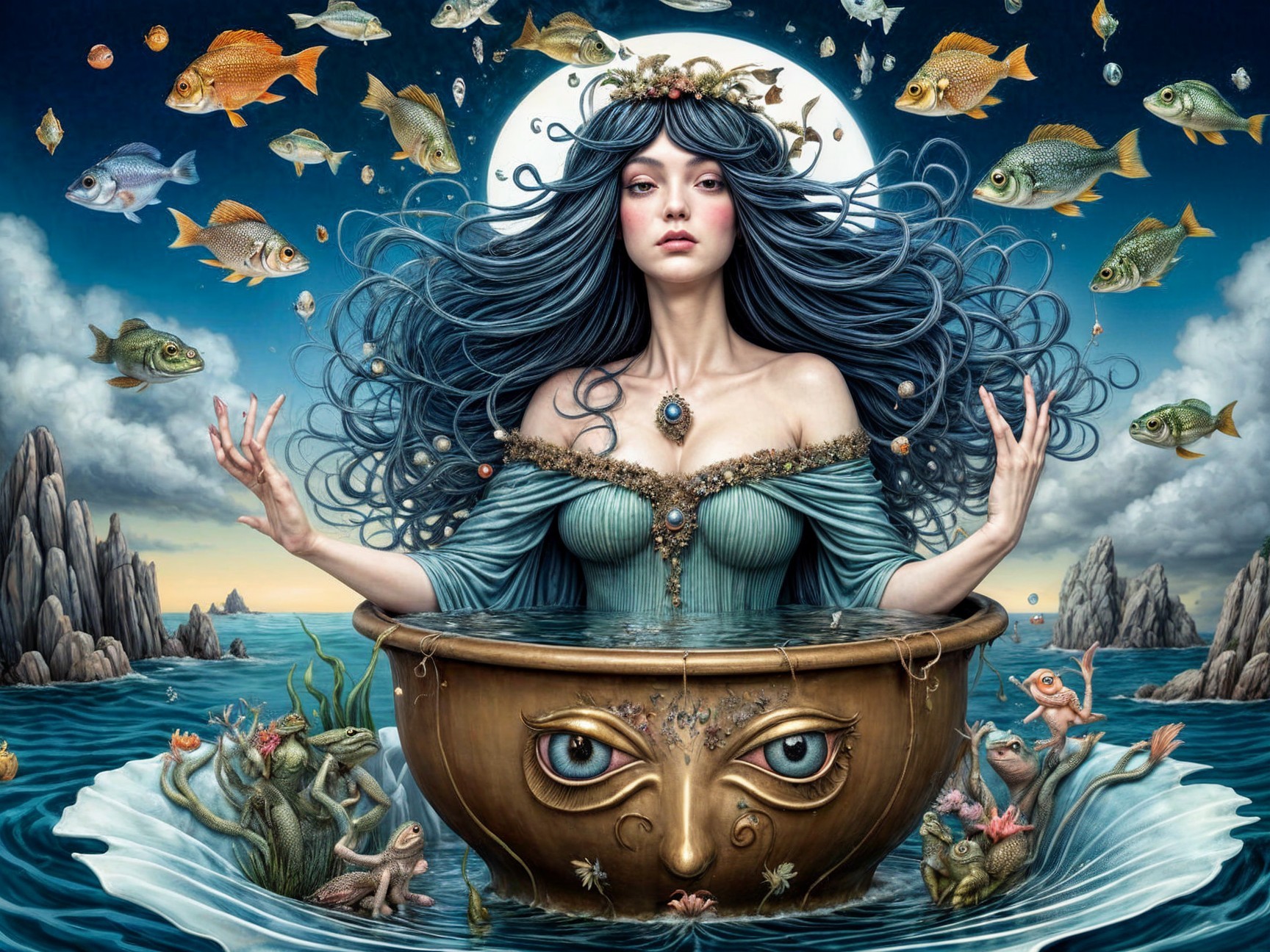 Mystical Woman in Ornate Bowl Surrounded by Water