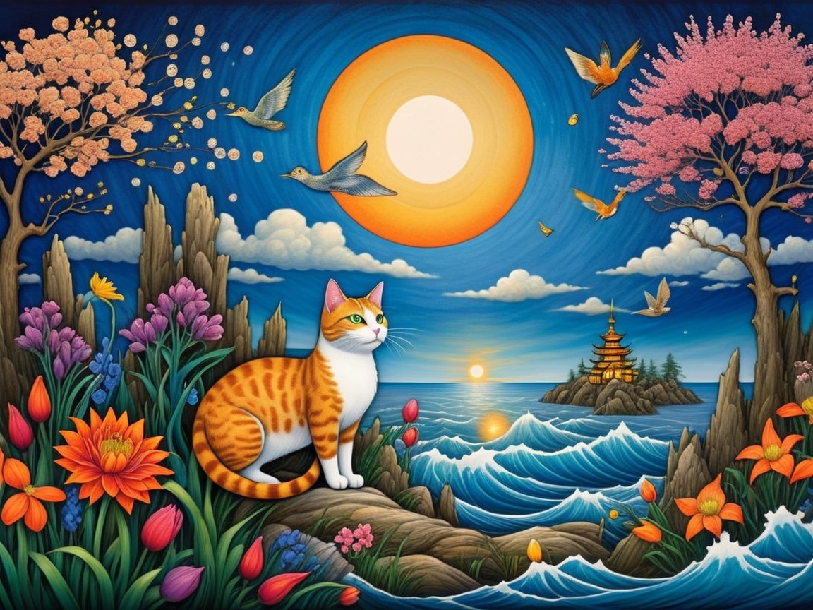 Serene Landscape with Cat, Flowers, and Sunrise