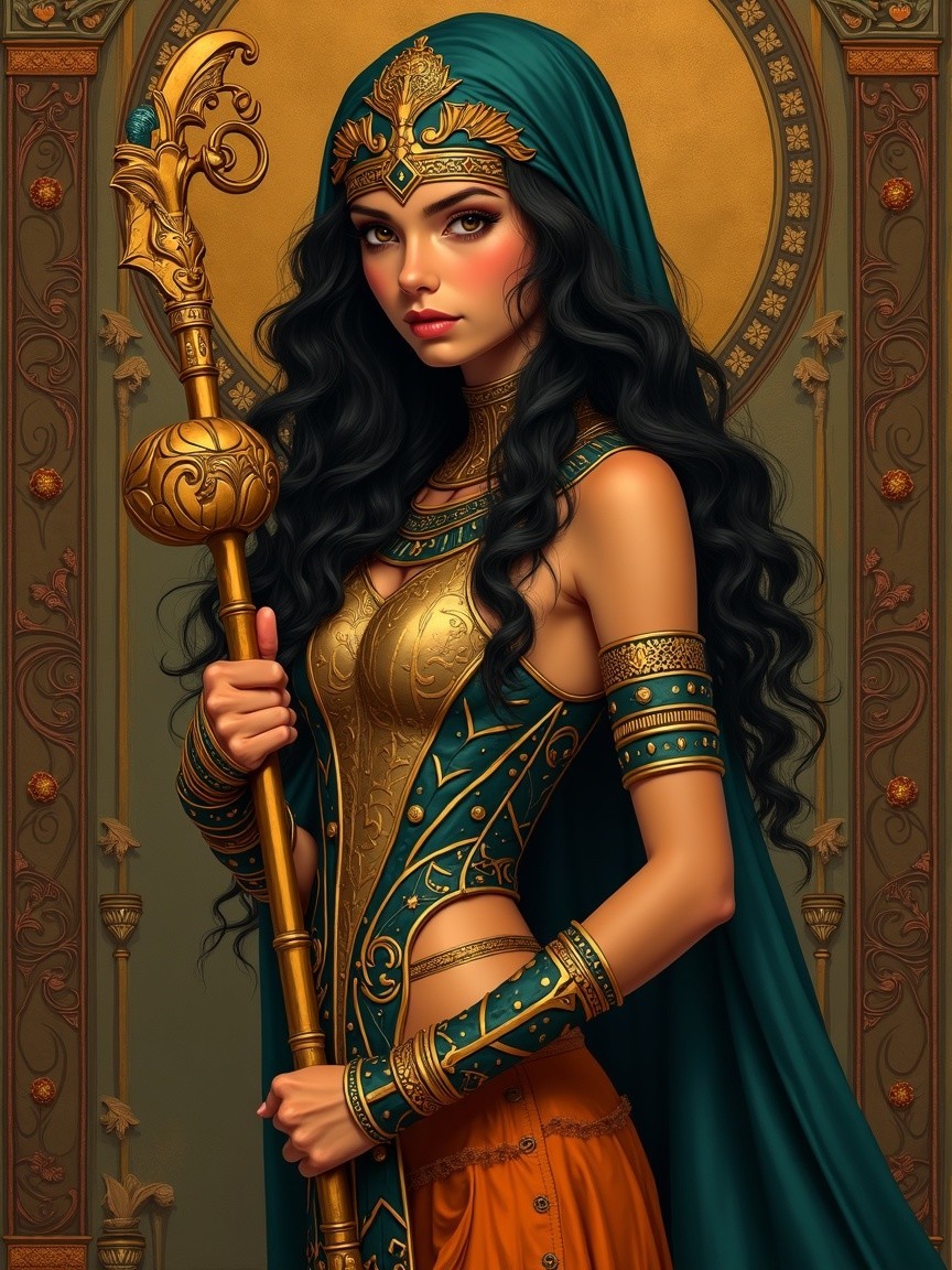Regal figure in golden armor with ornate patterns