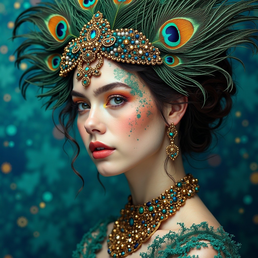 Elegant Woman with Peacock Feather Headpiece and Jewelry