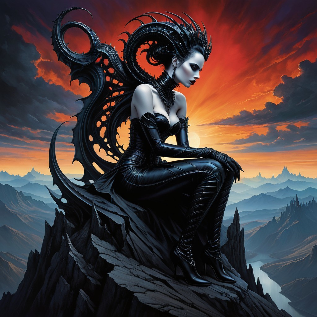 Figure with Spiked Wings Against Sunset Sky