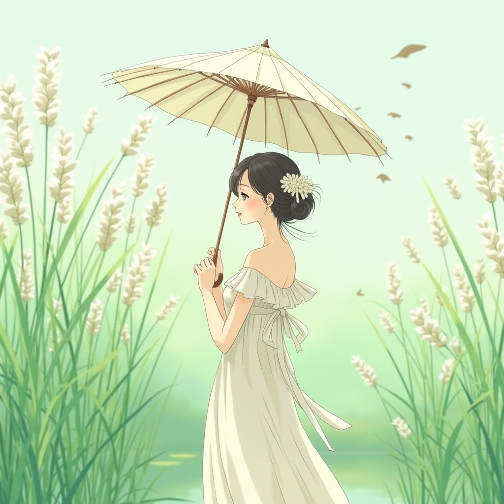 Young Woman in White Dress in Lush Green Landscape