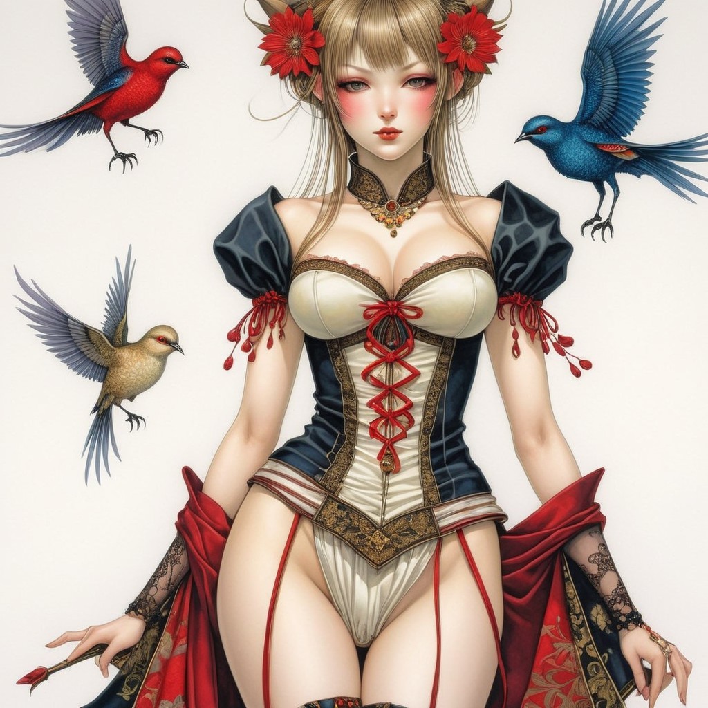 Fantastical Character in Ornate Outfit with Birds
