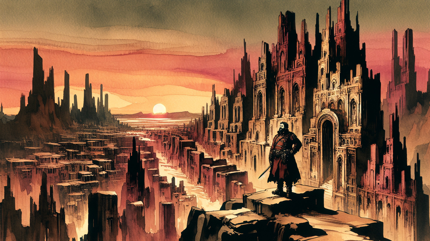 Lone Figure Overlooking Desolate Landscape at Sunset