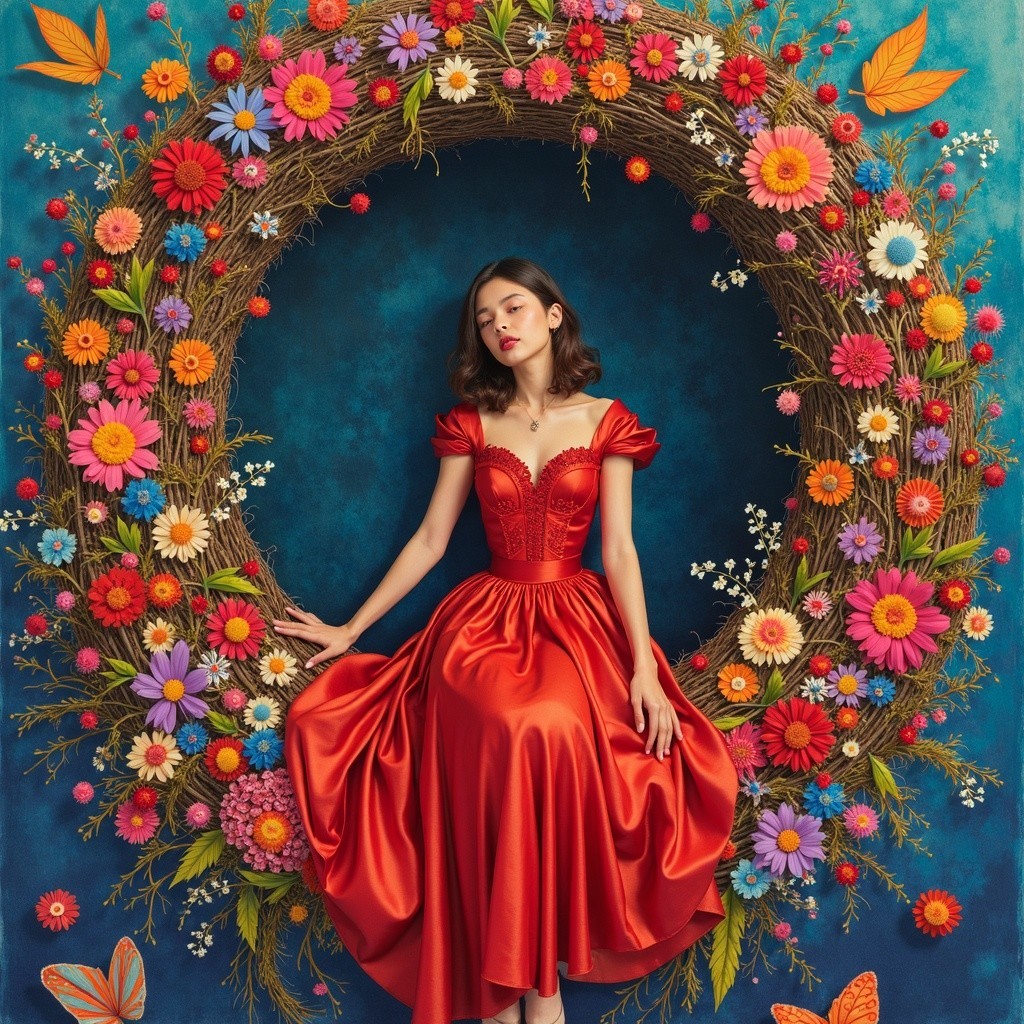 Woman in Red Gown Surrounded by Floral Wreath