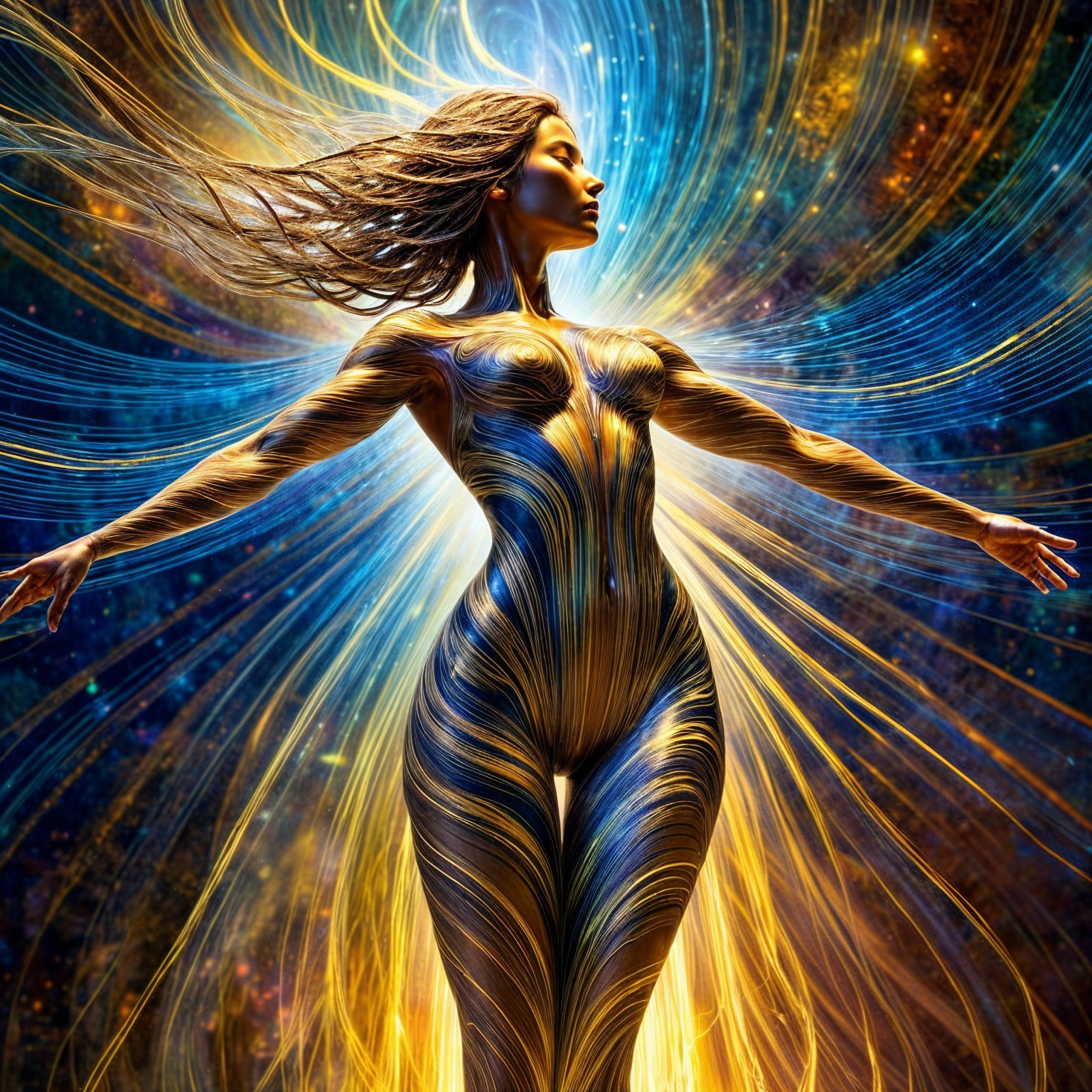 Ethereal Figure in Cosmic Landscape with Vibrant Colors