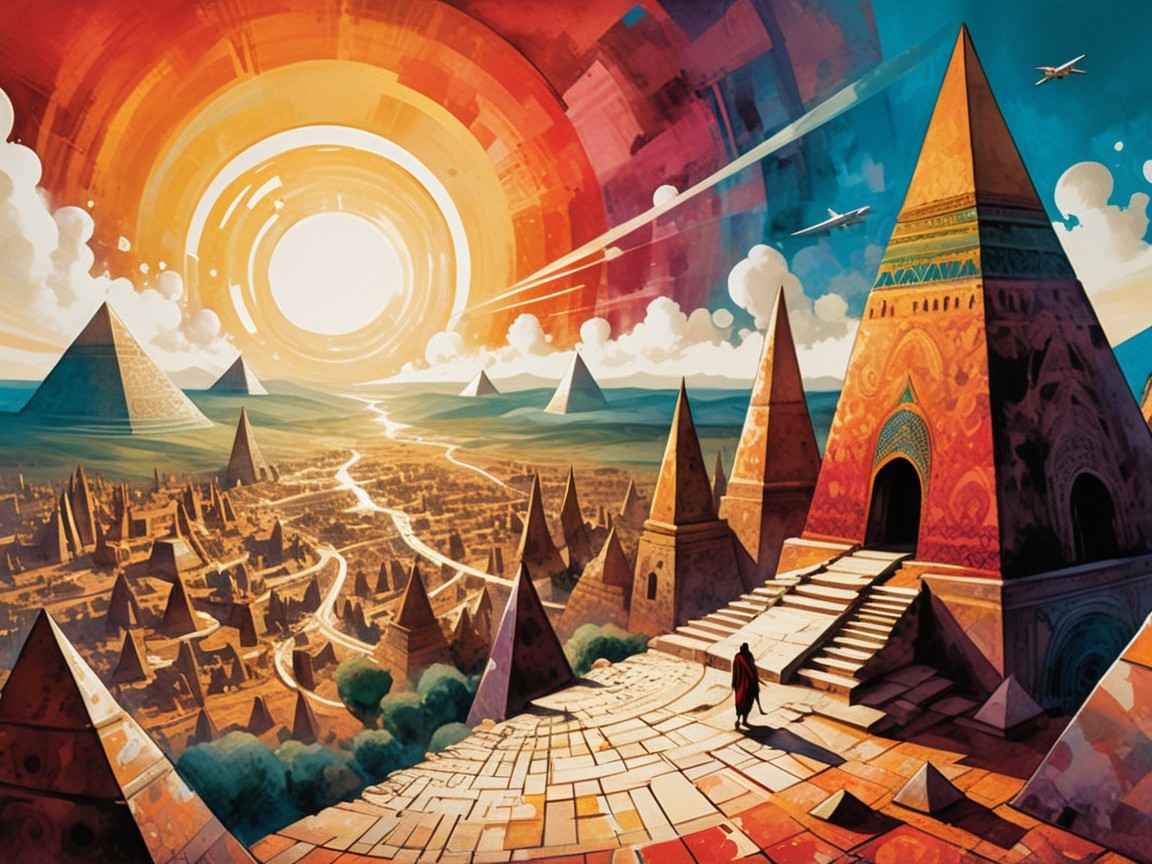 Vibrant Painting of an Alien City in a Canyon