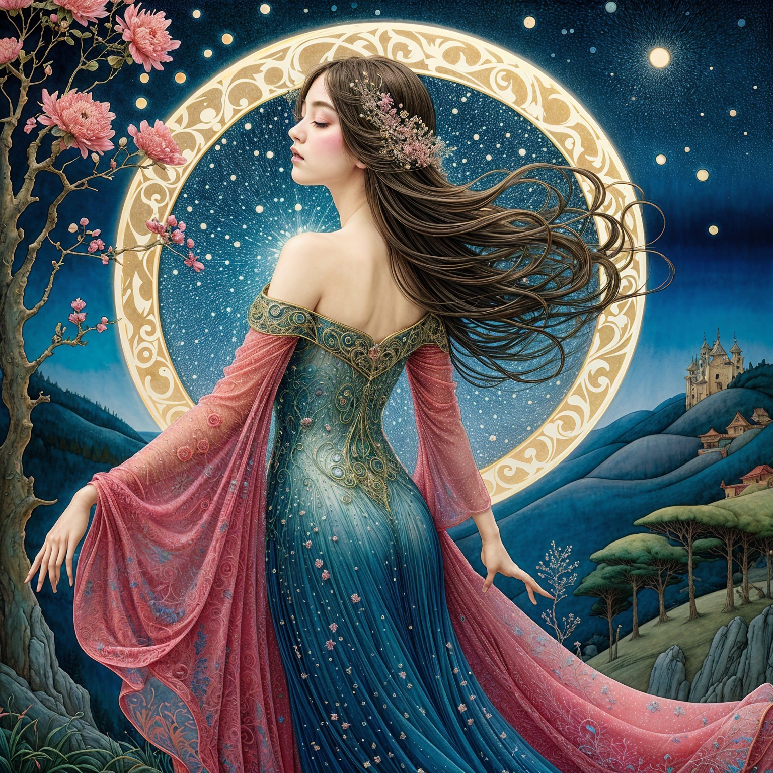 Serene Woman in Gown Against Starry Night Sky
